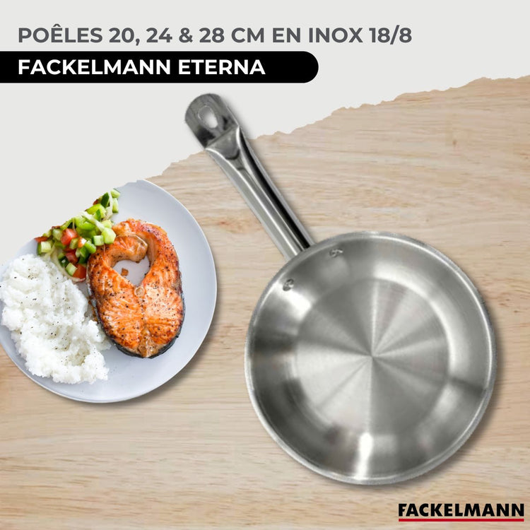 Set de 3 poêles de 20, 24 et 28 cm en inox et 6 ustensiles inox Fackelmann Eterna