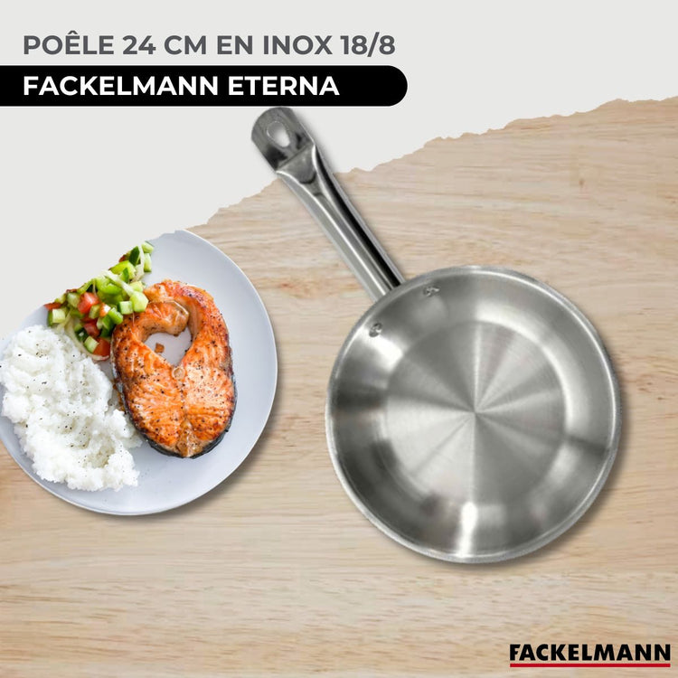 Set poêle 24 cm en inox, couvercle verre et 6 ustensiles inox Fackelmann Eterna