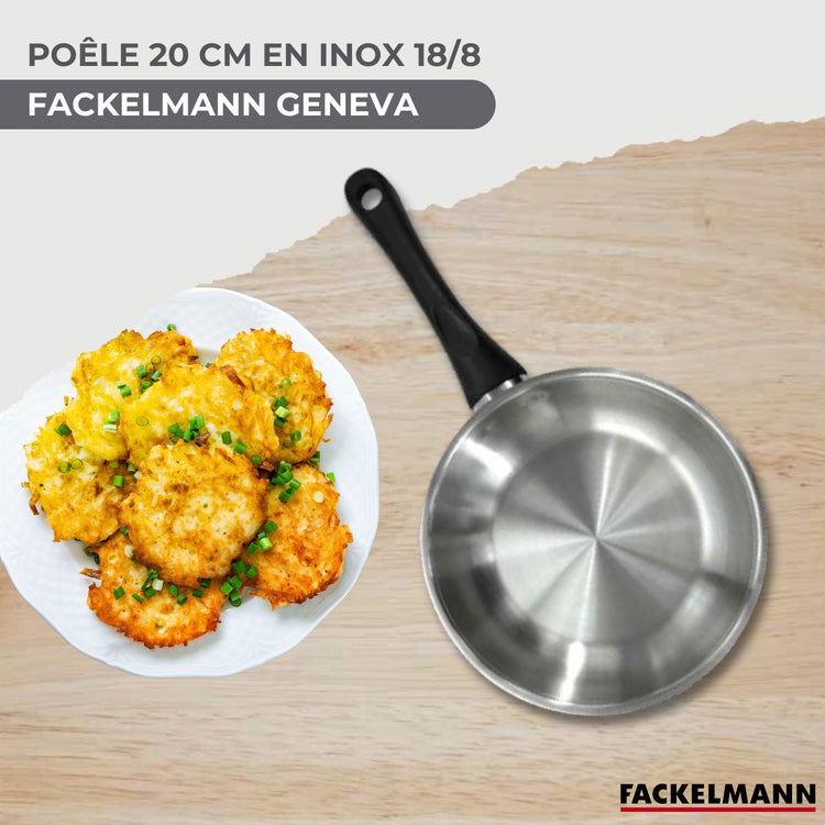 Set poêle 20 cm en inox, couvercle verre et 6 ustensiles Fackelmann Geneva