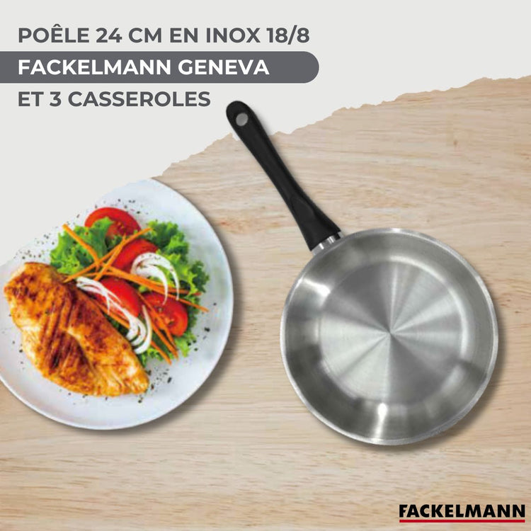 Set 1 poêle 24 cm 3 casseroles 12 16 et 20 cm en inox et 6 ustensiles Fackelmann Geneva