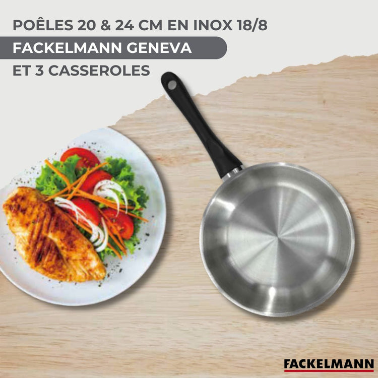 Set 2 poêles 20 et 24 cm 3 casseroles 12 16 et 20 cm en inox et 6 ustensiles Fackelmann Geneva