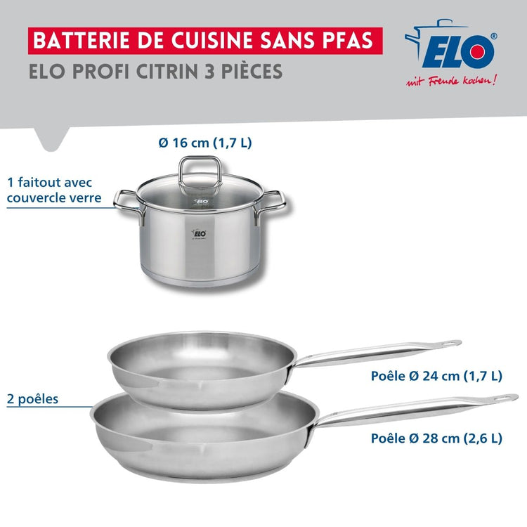 Set de 2 Poêles de cuisson 24 et 28 cm et 1 faitout 16 cm Elo Profi Citrin