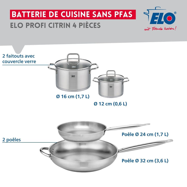 Ensemble de 2 Poêles de cuisson 24 et 32 cm et 2 faitouts 12 et 16 cm Elo Profi Citrin