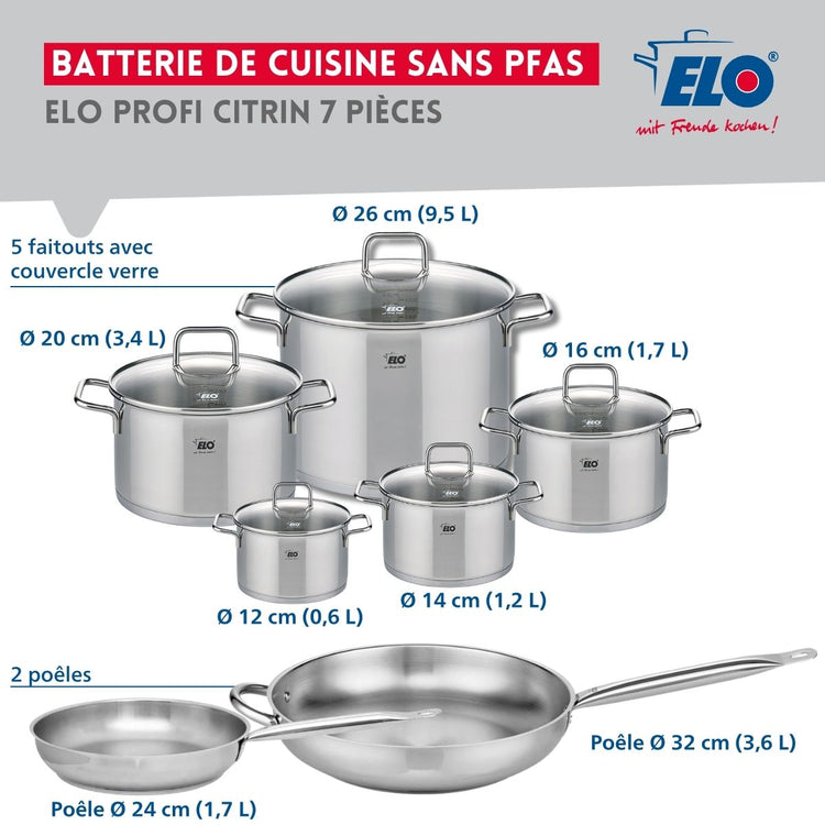 Ensemble de 2 Poêles de cuisson 24 et 32 cm et 5 faitouts 12, 14, 16, 20 et 26 cm Elo Profi Citrin