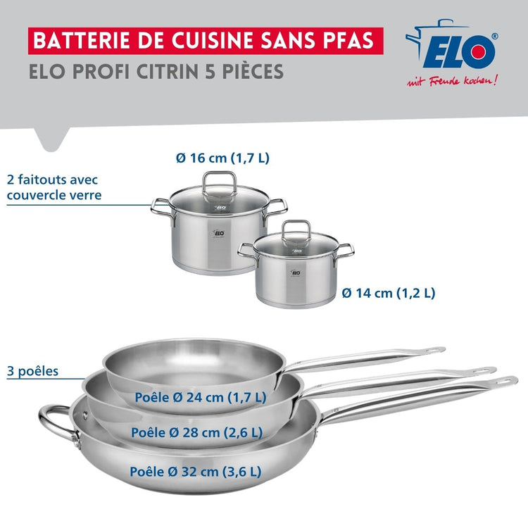 Ensemble de 3 Poêles de cuisson 24, 28 et 32 cm et 2 faitouts 14 et 16 cm Elo Profi Citrin