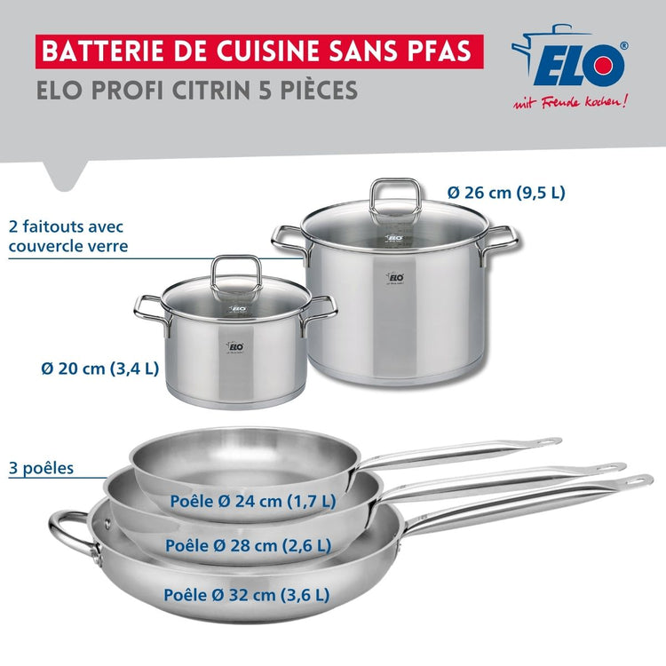 Ensemble de 3 Poêles de cuisson 24, 28 et 32 cm et 2 faitouts 20 et 26 cm Elo Profi Citrin