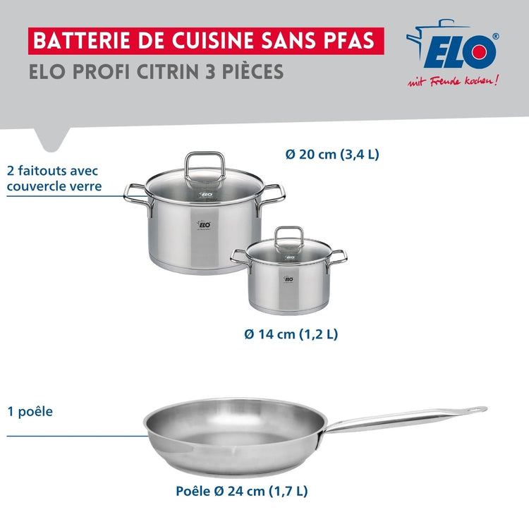 Ensemble de 1 Poêle de cuisson 24 cm et 2 faitouts 14 et 20 cm Elo Profi Citrin