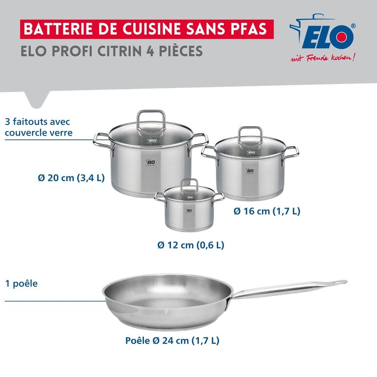 Ensemble de 1 Poêle de cuisson 24 cm et 3 faitouts 12, 16 et 20 cm Elo Profi Citrin