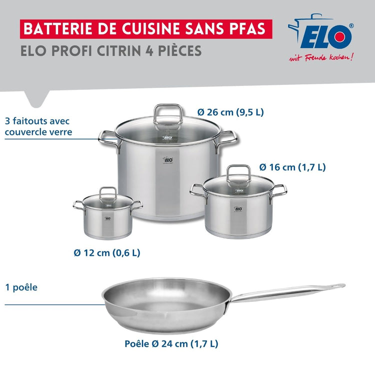 Ensemble de 1 Poêle de cuisson 24 cm et 3 faitouts 12, 16 et 26 cm Elo Profi Citrin