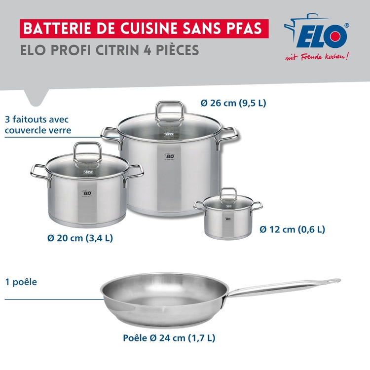 Ensemble de 1 Poêle de cuisson 24 cm et 3 faitouts 12, 20 et 26 cm Elo Profi Citrin