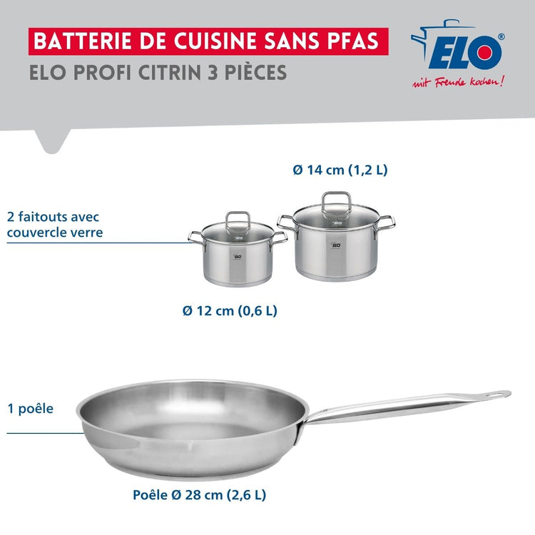 Ensemble de 1 Poêle de cuisson 28 cm et 2 faitouts 12 et 14 cm Elo Profi Citrin