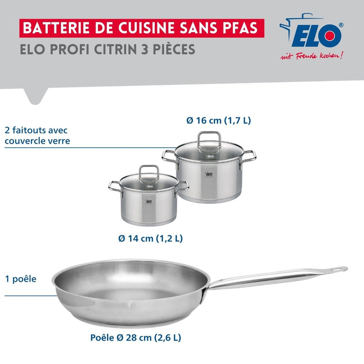Ensemble de 1 Poêle de cuisson 28 cm et 2 faitouts 14 et 16 cm Elo Profi Citrin