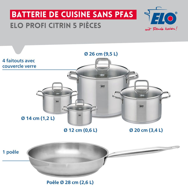 Ensemble de 1 Poêle de cuisson 28 cm et 4 faitouts 12, 14, 20 et 26 cm Elo Profi Citrin