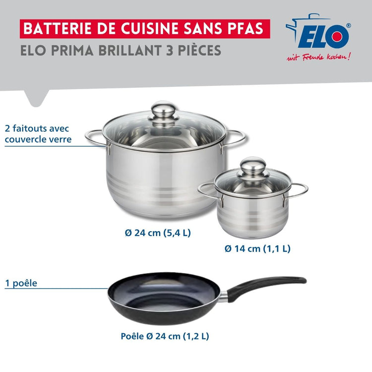 Ensemble de 1 Poêle de cuisson 24 cm et 2 faitouts 14 et 24 cm Elo Prima Brillant