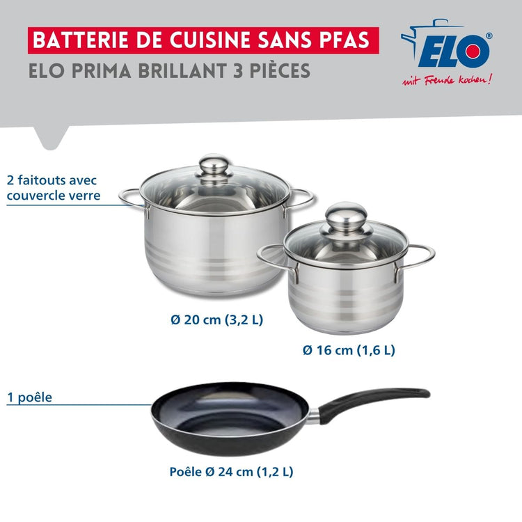 Ensemble de 1 Poêle de cuisson 24 cm et 2 faitouts 16 et 20 cm Elo Prima Brillant