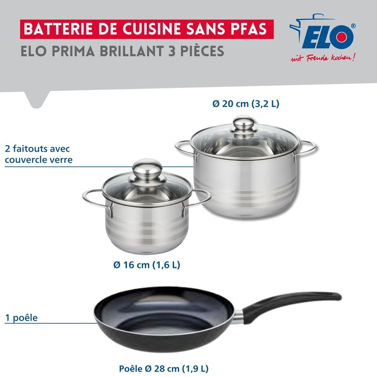 Ensemble de 1 Poêle de cuisson 28 cm et 2 faitouts 16 et 20 cm Elo Prima Brillant