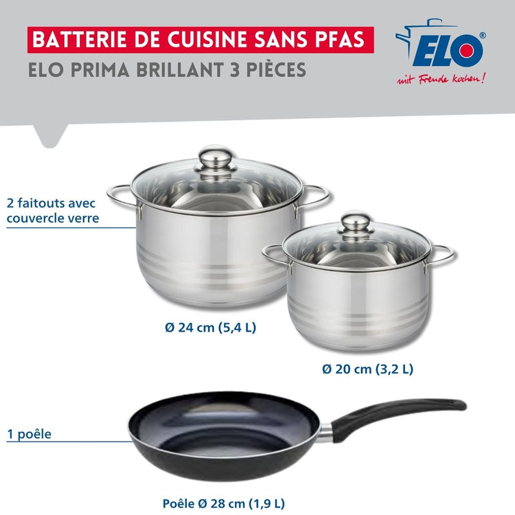Ensemble de 1 Poêle de cuisson 28 cm et 2 faitouts 20 et 24 cm Elo Prima Brillant