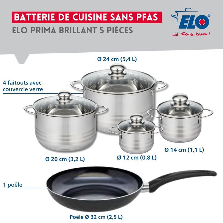 Ensemble de 1 Poêle de cuisson 32 cm et 4 faitouts 12, 14, 20 et 24 cm Elo Prima Brillant