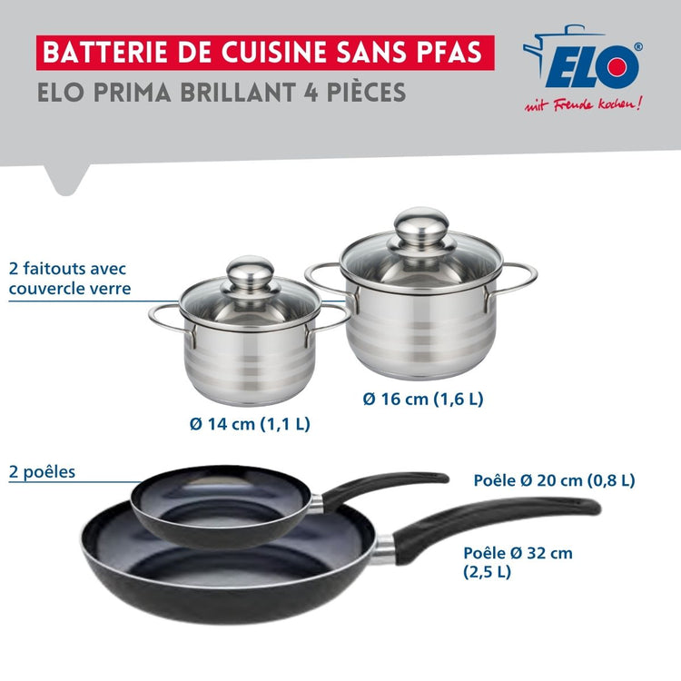 Ensemble de 2 Poêles de cuisson 20 et 32 cm et 2 faitouts 14 et 16 cm Elo Prima Brillant