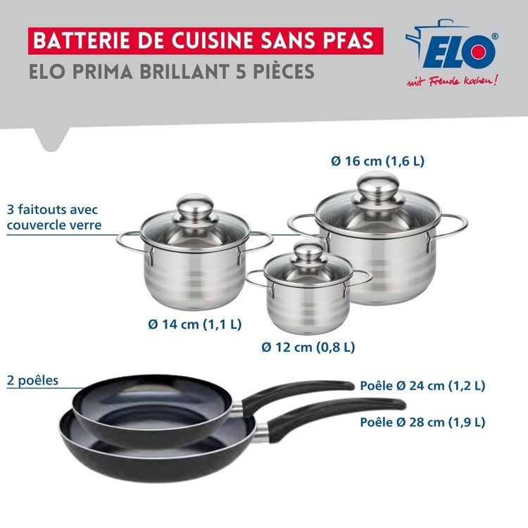 Ensemble de 2 Poêles de cuisson 24 et 28 cm et 3 faitouts 12, 14 et 16 cm Elo Prima Brillant