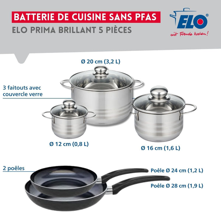 Ensemble de 2 Poêles de cuisson 24 et 28 cm et 3 faitouts 12, 16 et 20 cm Elo Prima Brillant