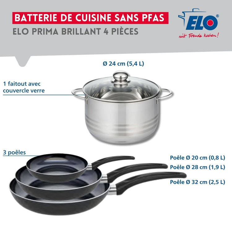 Ensemble de 3 Poêles de cuisson 20, 28 et 32 cm et 1 faitout 24 cm Elo Prima Brillant