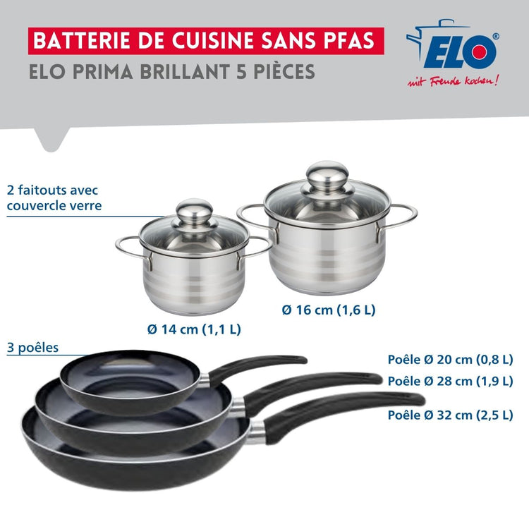 Ensemble de 3 Poêles de cuisson 20, 28 et 32 cm et 2 faitouts 14 et 16 cm Elo Prima Brillant