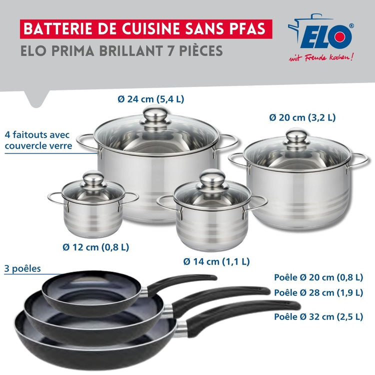 Ensemble de 3 Poêles de cuisson 20, 28 et 32 cm et 4 faitouts 12, 14, 20 et 24 cm Elo Prima Brillant