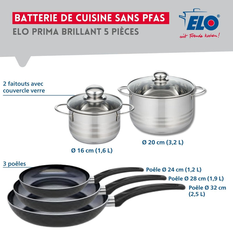 Ensemble de 3 Poêles de cuisson 24, 28 et 32 cm et 2 faitouts 16 et 20 cm Elo Prima Brillant