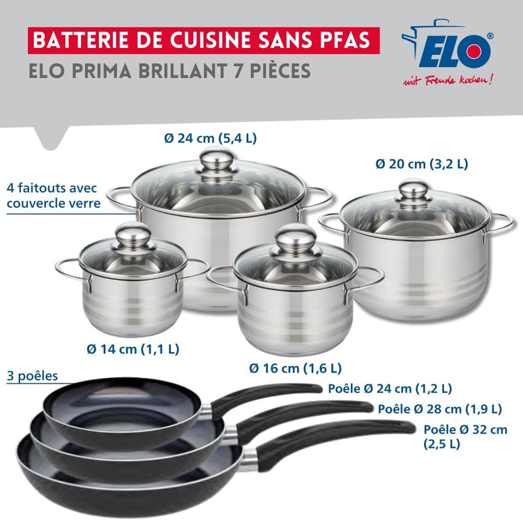 Ensemble de 3 Poêles de cuisson 24, 28 et 32 cm et 4 faitouts 14, 16, 20 et 24 cm Elo Prima Brillant