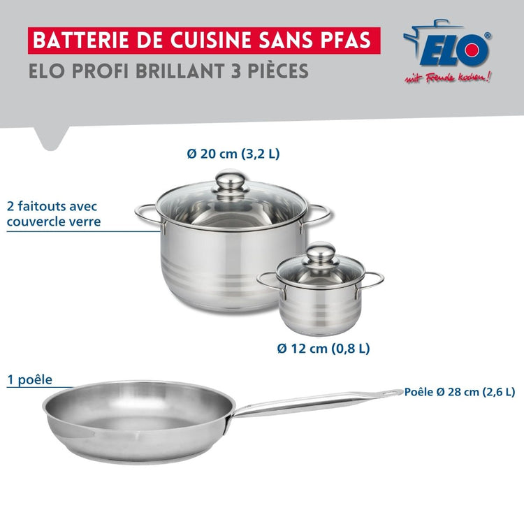 Ensemble de 1 Poêle de cuisson 28 cm et 2 faitouts 12 et 20 cm Elo Profi Brillant