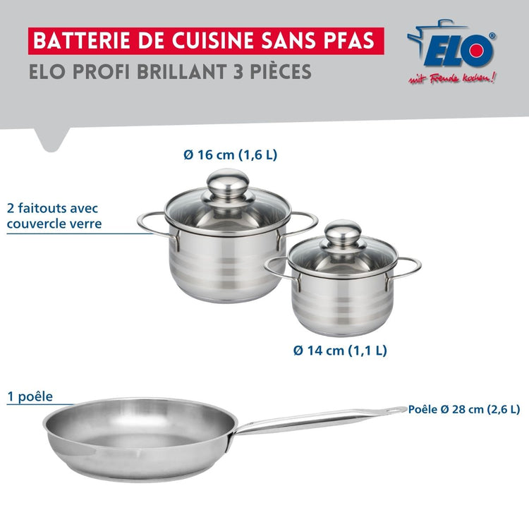 Ensemble de 1 Poêle de cuisson 28 cm et 2 faitouts 14 et 16 cm Elo Profi Brillant