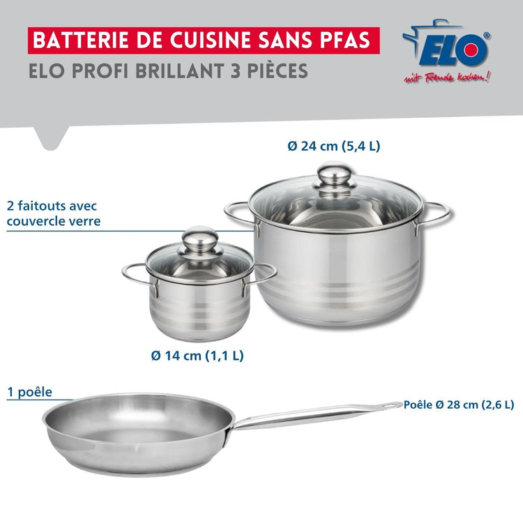 Ensemble de 1 Poêle de cuisson 28 cm et 2 faitouts 14 et 24 cm Elo Profi Brillant