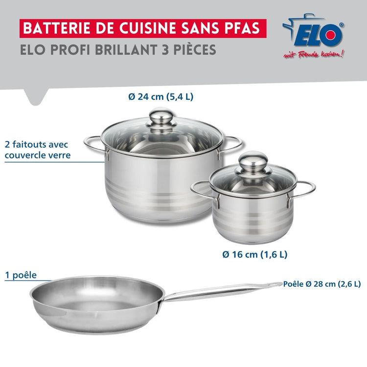 Ensemble de 1 Poêle de cuisson 28 cm et 2 faitouts 16 et 24 cm Elo Profi Brillant