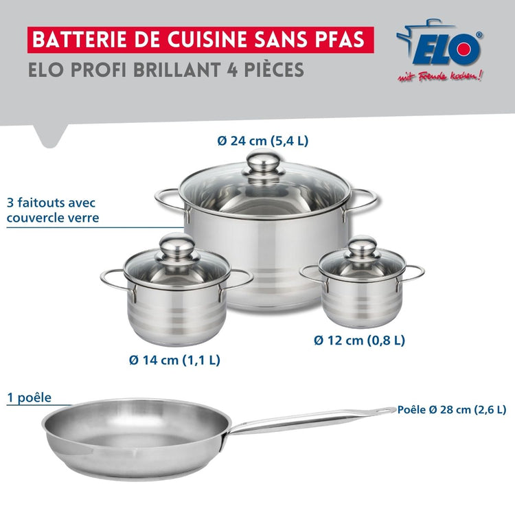 Ensemble de 1 Poêle de cuisson 28 cm et 3 faitouts 12, 14 et 24 cm Elo Profi Brillant