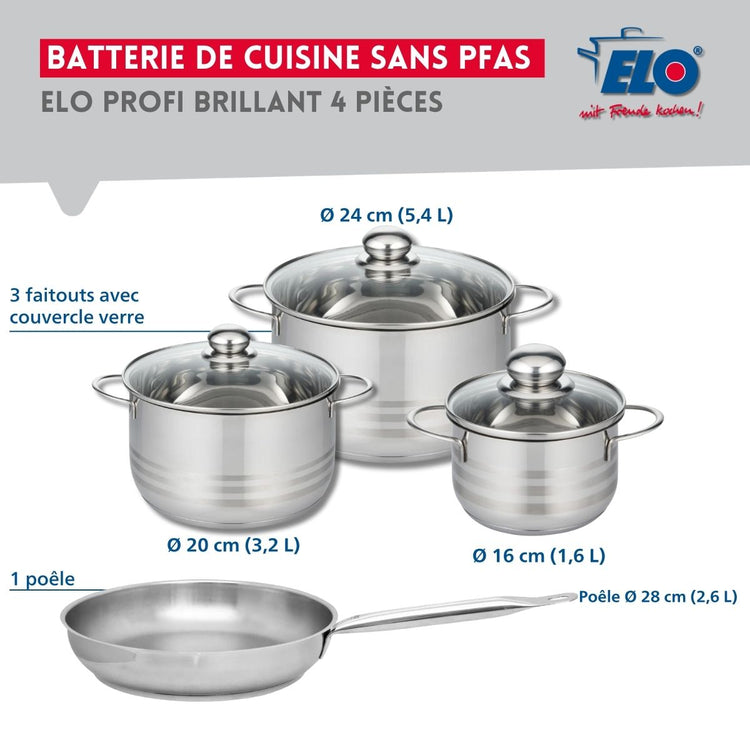 Ensemble de 1 Poêle de cuisson 28 cm et 3 faitouts 16, 20 et 24 cm Elo Profi Brillant