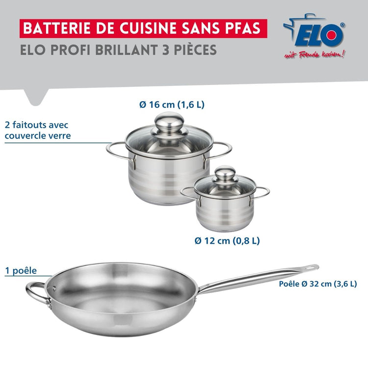 Ensemble de 1 Poêle de cuisson 32 cm et 2 faitouts 12 et 16 cm Elo Profi Brillant