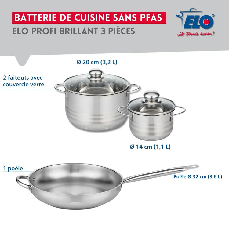 Ensemble de 1 Poêle de cuisson 32 cm et 2 faitouts 14 et 20 cm Elo Profi Brillant