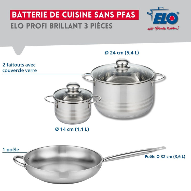 Ensemble de 1 Poêle de cuisson 32 cm et 2 faitouts 14 et 24 cm Elo Profi Brillant