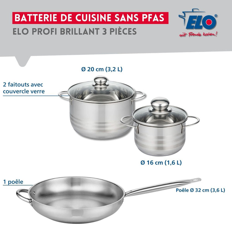 Ensemble de 1 Poêle de cuisson 32 cm et 2 faitouts 16 et 20 cm Elo Profi Brillant