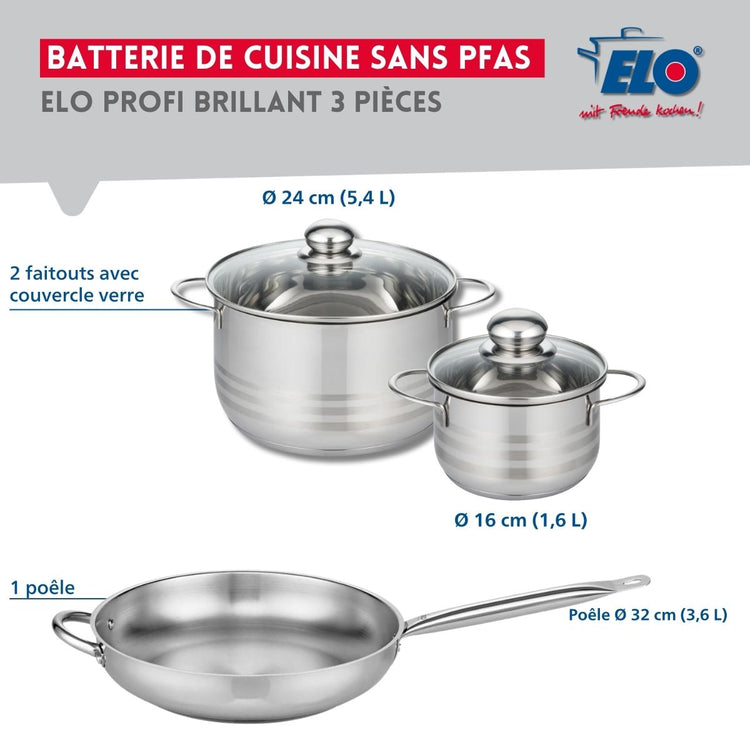 Ensemble de 1 Poêle de cuisson 32 cm et 2 faitouts 16 et 24 cm Elo Profi Brillant