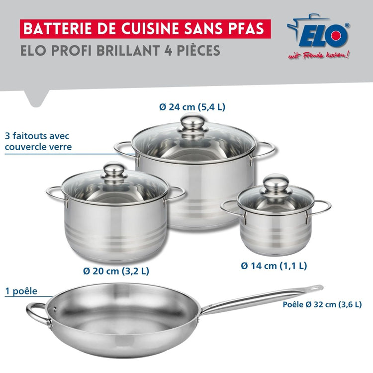 Ensemble de 1 Poêle de cuisson 32 cm et 3 faitouts 14, 20 et 24 cm Elo Profi Brillant