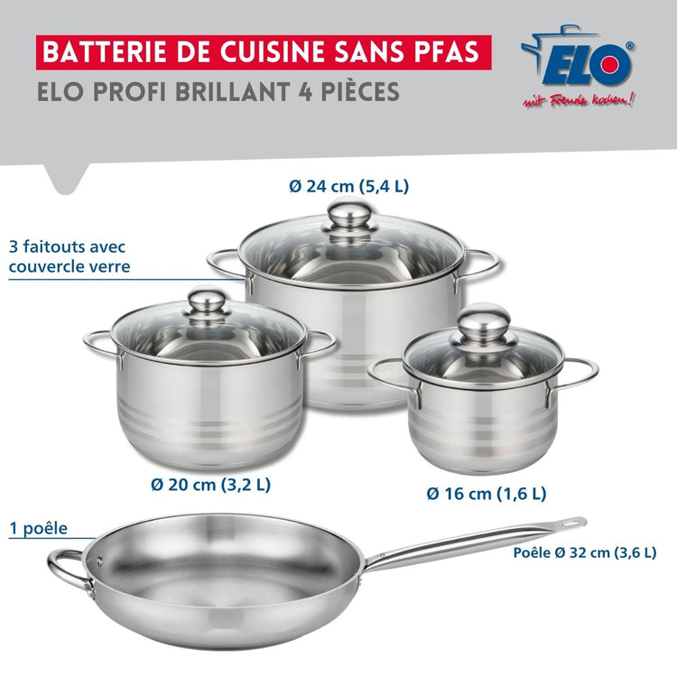 Ensemble de 1 Poêle de cuisson 32 cm et 3 faitouts 16, 20 et 24 cm Elo Profi Brillant