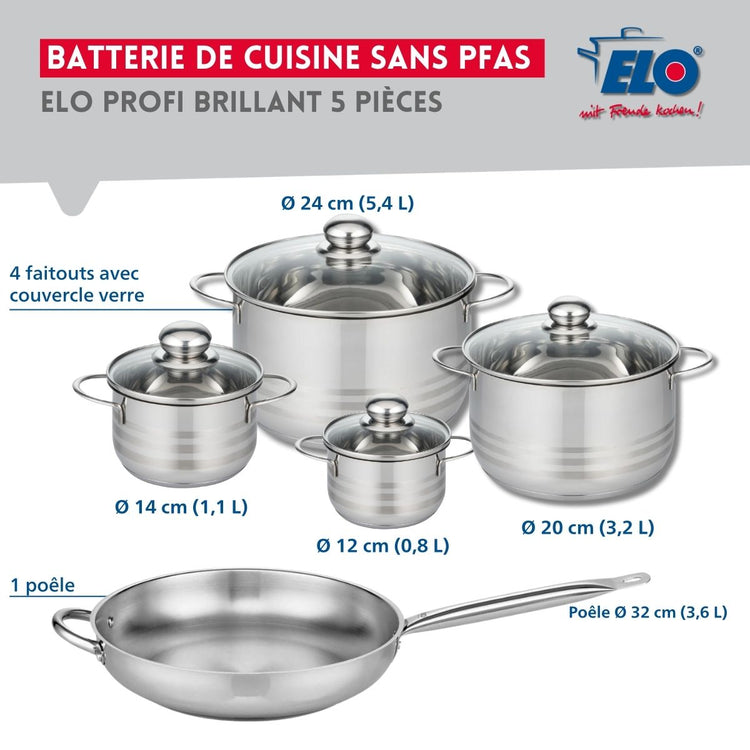 Ensemble de 1 Poêle de cuisson 32 cm et 4 faitouts 12, 14, 20 et 24 cm Elo Profi Brillant