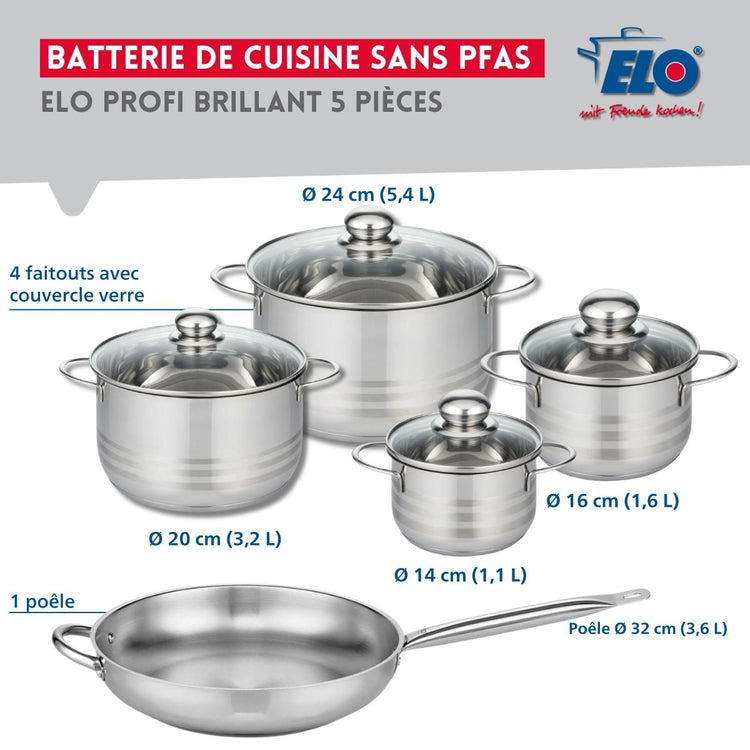Ensemble de 1 Poêle de cuisson 32 cm et 4 faitouts 14, 16, 20 et 24 cm Elo Profi Brillant