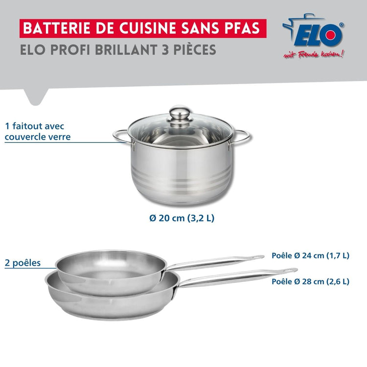 Ensemble de 2 Poêles de cuisson 24 et 28 cm et 1 faitout 20 cm Elo Profi Brillant