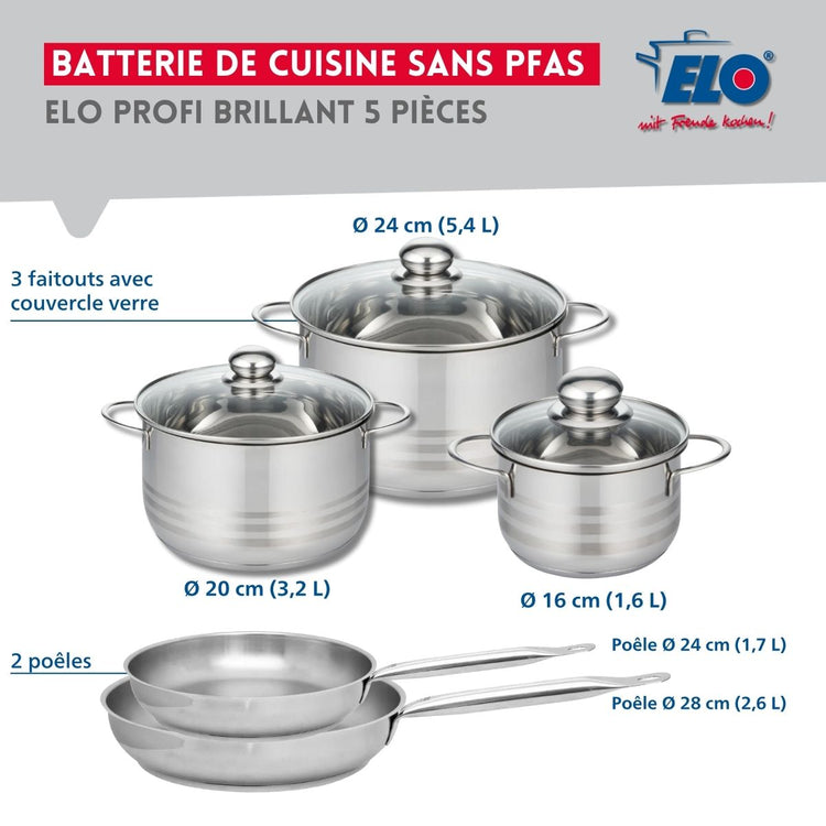 Ensemble de 2 Poêles de cuisson 24 et 28 cm et 3 faitouts 16, 20 et 24 cm Elo Profi Brillant