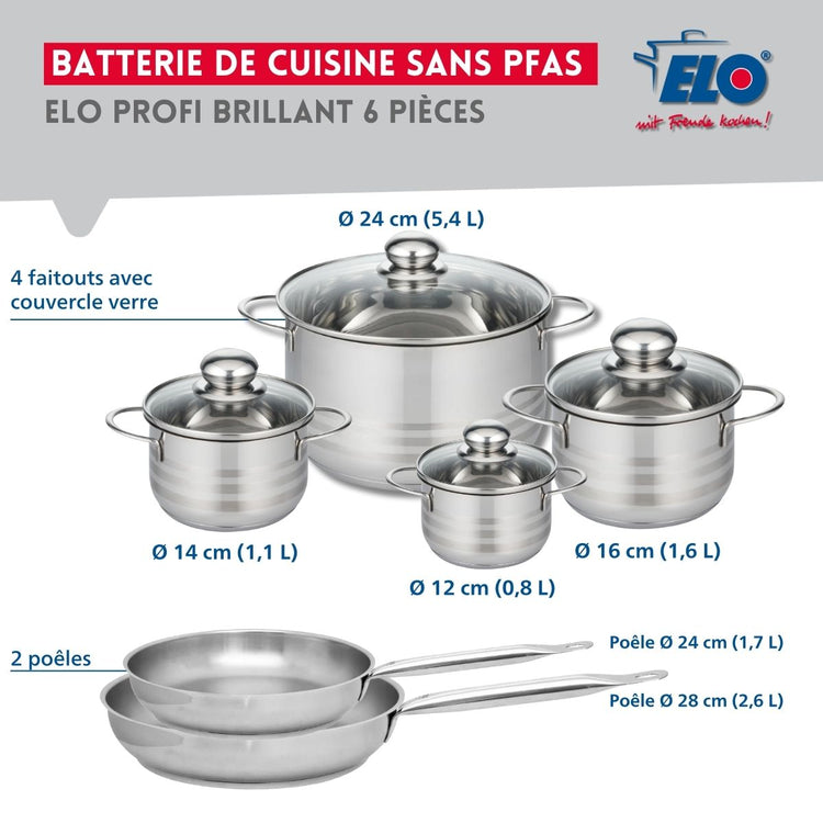 Ensemble de 2 Poêles de cuisson 24 et 28 cm et 4 faitouts 12, 14, 16 et 24 cm Elo Profi Brillant