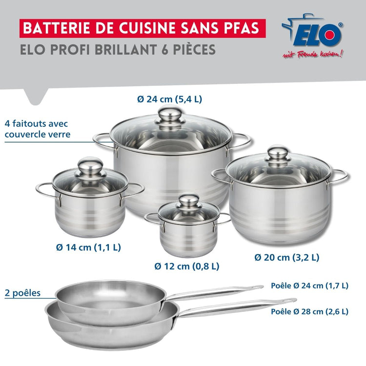 Ensemble de 2 Poêles de cuisson 24 et 28 cm et 4 faitouts 12, 14, 20 et 24 cm Elo Profi Brillant