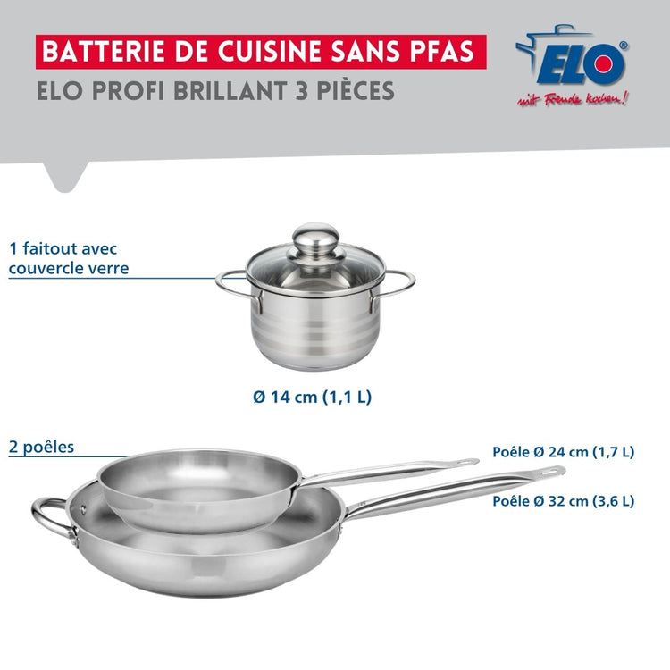 Ensemble de 2 Poêles de cuisson 24 et 32 cm et 1 faitout 14 cm Elo Profi Brillant